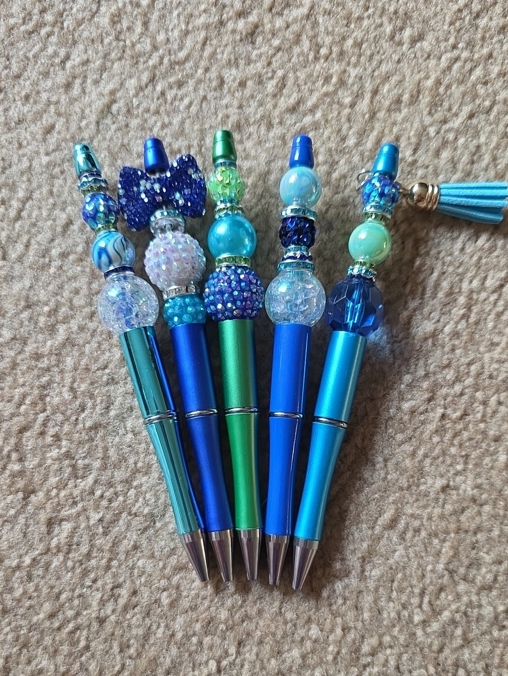 Handmade Blue & Green Beaded & Jeweled Pen Set Of 5, Decorative Writing Pens.